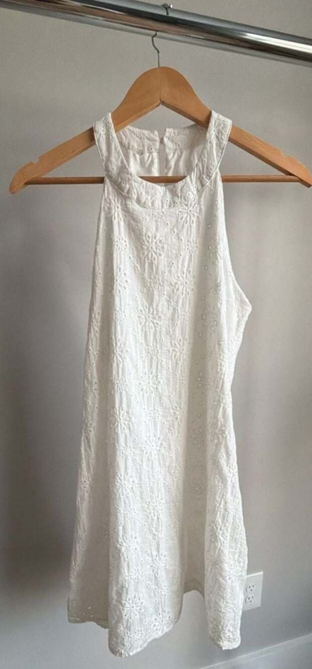 White Floral Eyelet Halter Mini Dress with Keyhole Back Size S